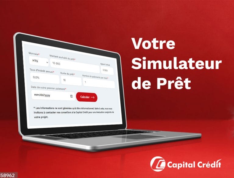 Ordinateur portable avec, à l'écran, la page du Simulateur de prêt, disponible sur le site web de Capital Bank