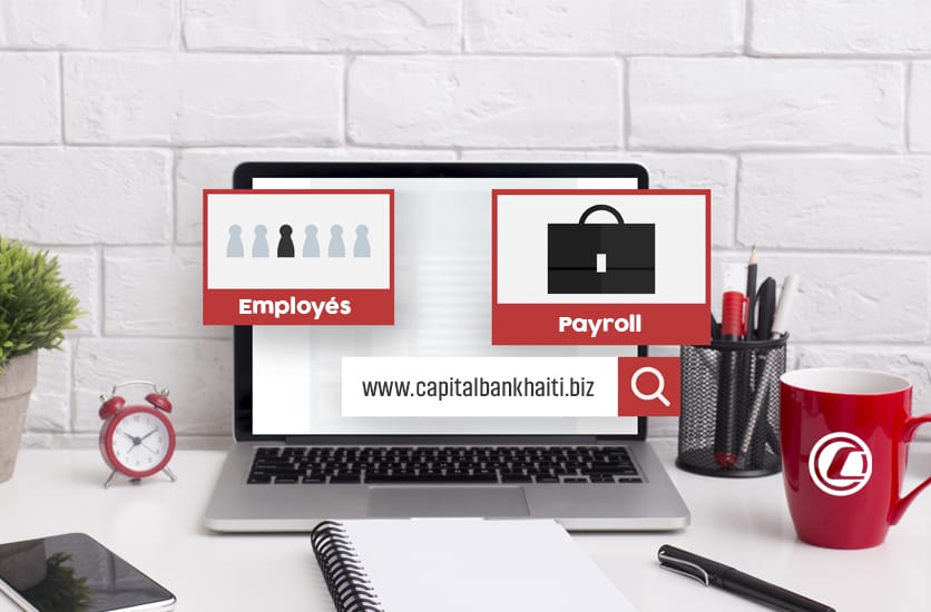 Ordinateur portable, avec à l'écran, les symboles Employés et Payroll vendant le service de Payroll proposé aux entreprises par Capital Bank