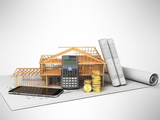 Illustration avec un plan de construction, une calculatrice, de l'argent, et un échafaudage de maison, représentant visuellement le concept du crédit hypothécaire