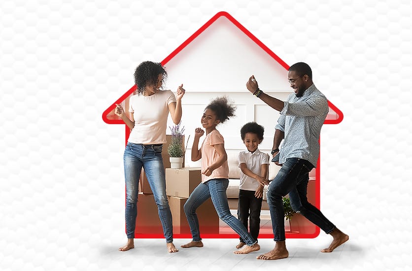Illustration d'une famille dansant joyeusement dans une maison, illustrant de manière positive le concept du crédit hypothécaire