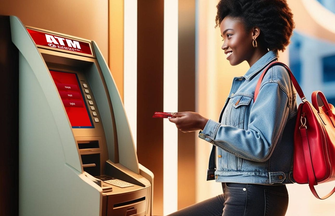 Femme souriant utilisant un ATM Capital Bank avec sa carte de débit Capital Pam
