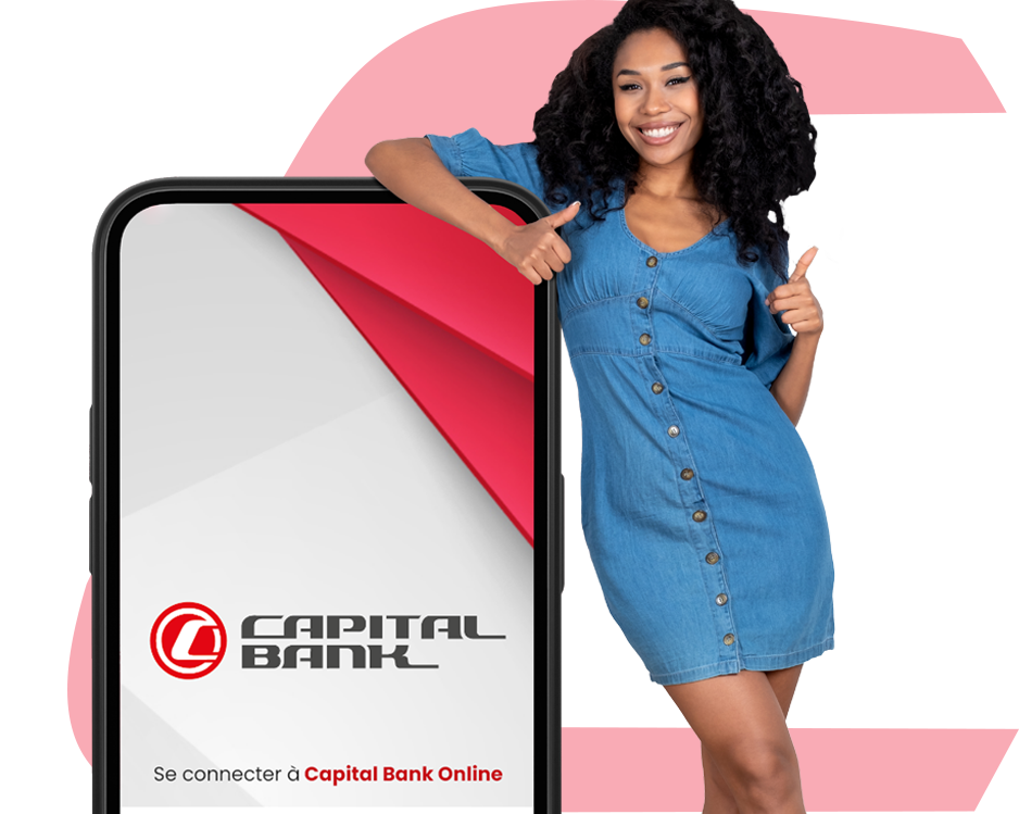 Femme, confiante et appuyée sur un téléphone géant avec l'application de Capital Bank Online