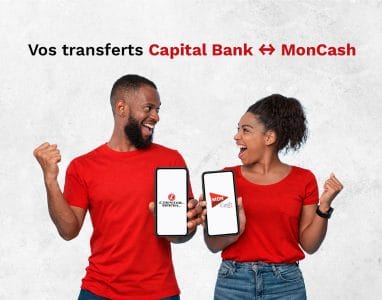 Couple heureux, tenant leurs téléphones avec les logos de Capital Bank et MonCash