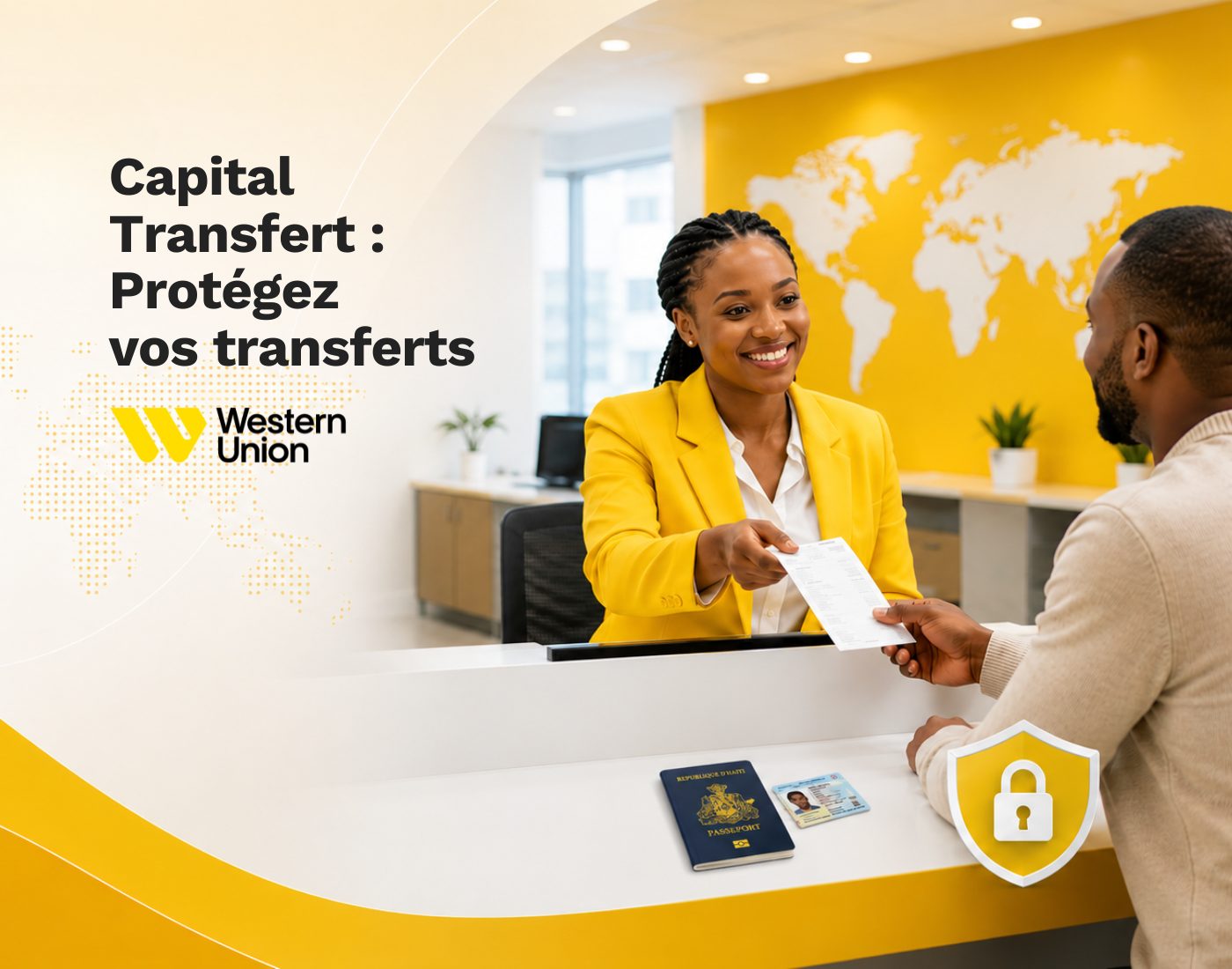 Client faisant une transaction de transfert d'argent à un bureau Capital Transfert