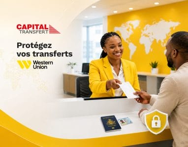 Client faisant une transaction de transfert d'argent à un bureau Capital Transfert