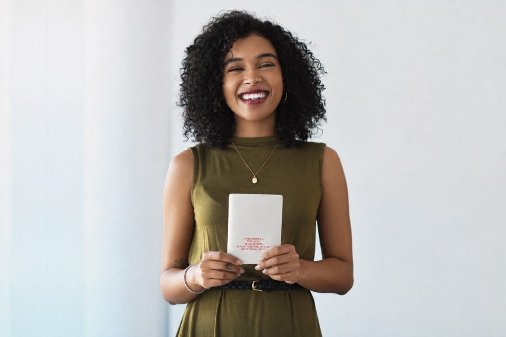 Femme souriant et tenant son livret d'épargne en mains